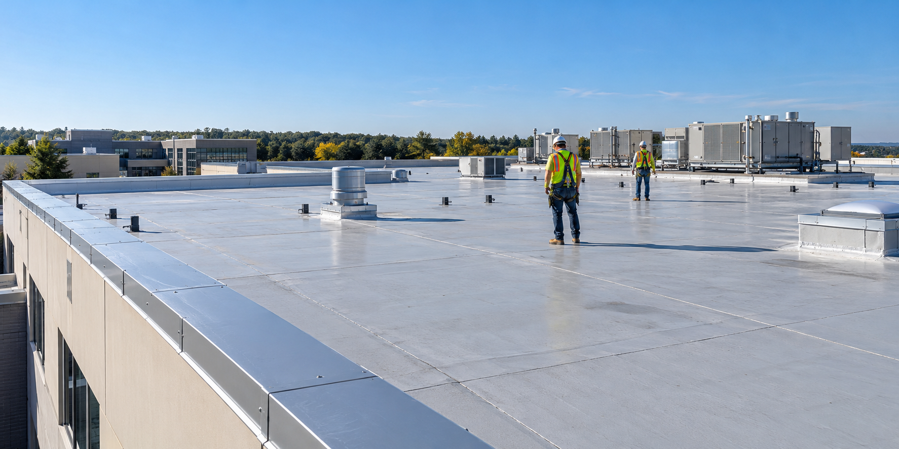 Illustrative commercial flat roof with inspection technicians
