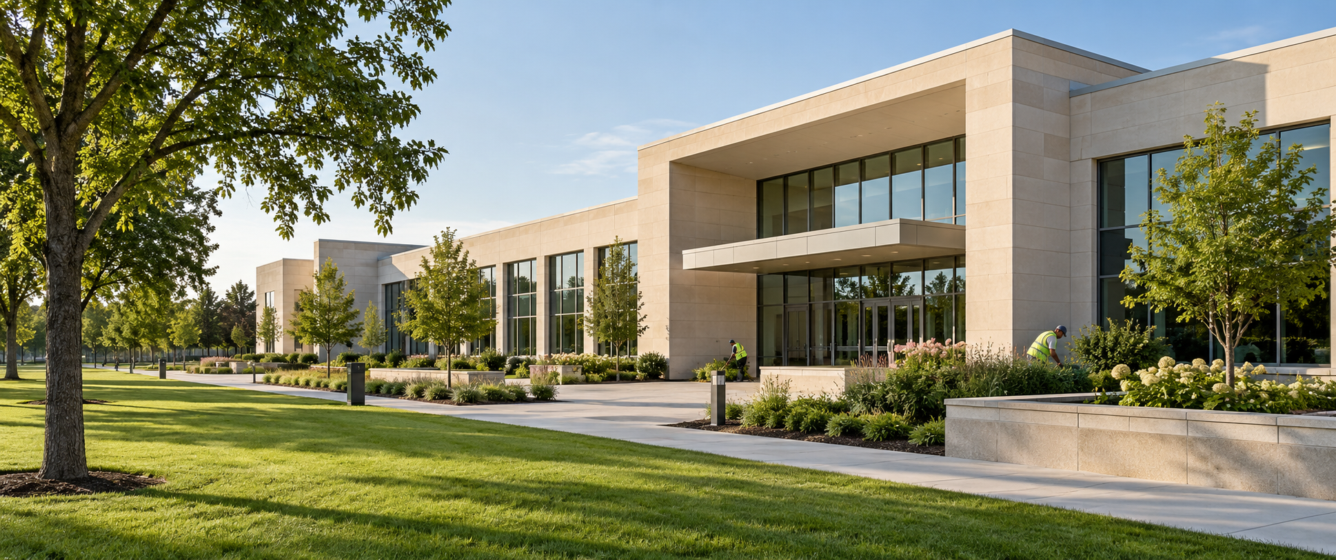 Illustrative institutional facility with maintained lawns and landscaped grounds